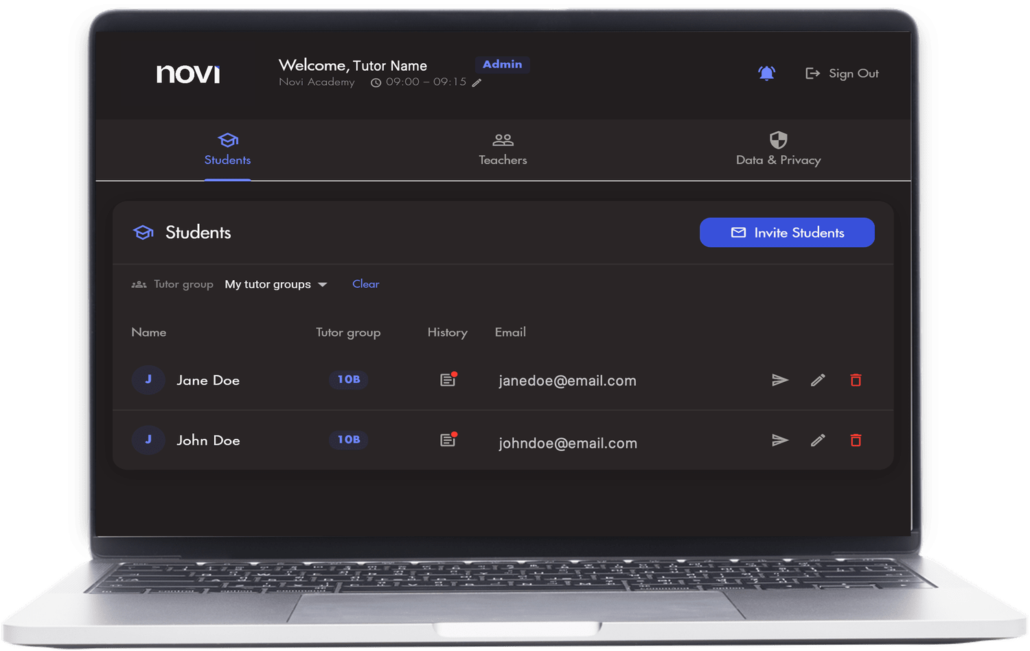 Novi teacher dashboard shown on a laptop